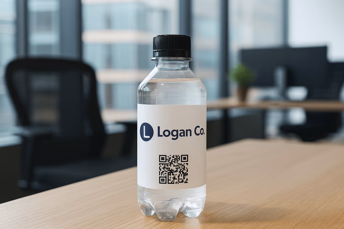 Profilert Pure Arctic vannflaske med logo og QR-kode på et kontorbord