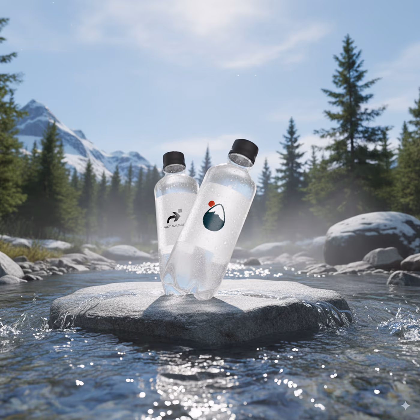 To Pure Arctic vannflasker på en stein i en norsk fjellelv med snødekt topp